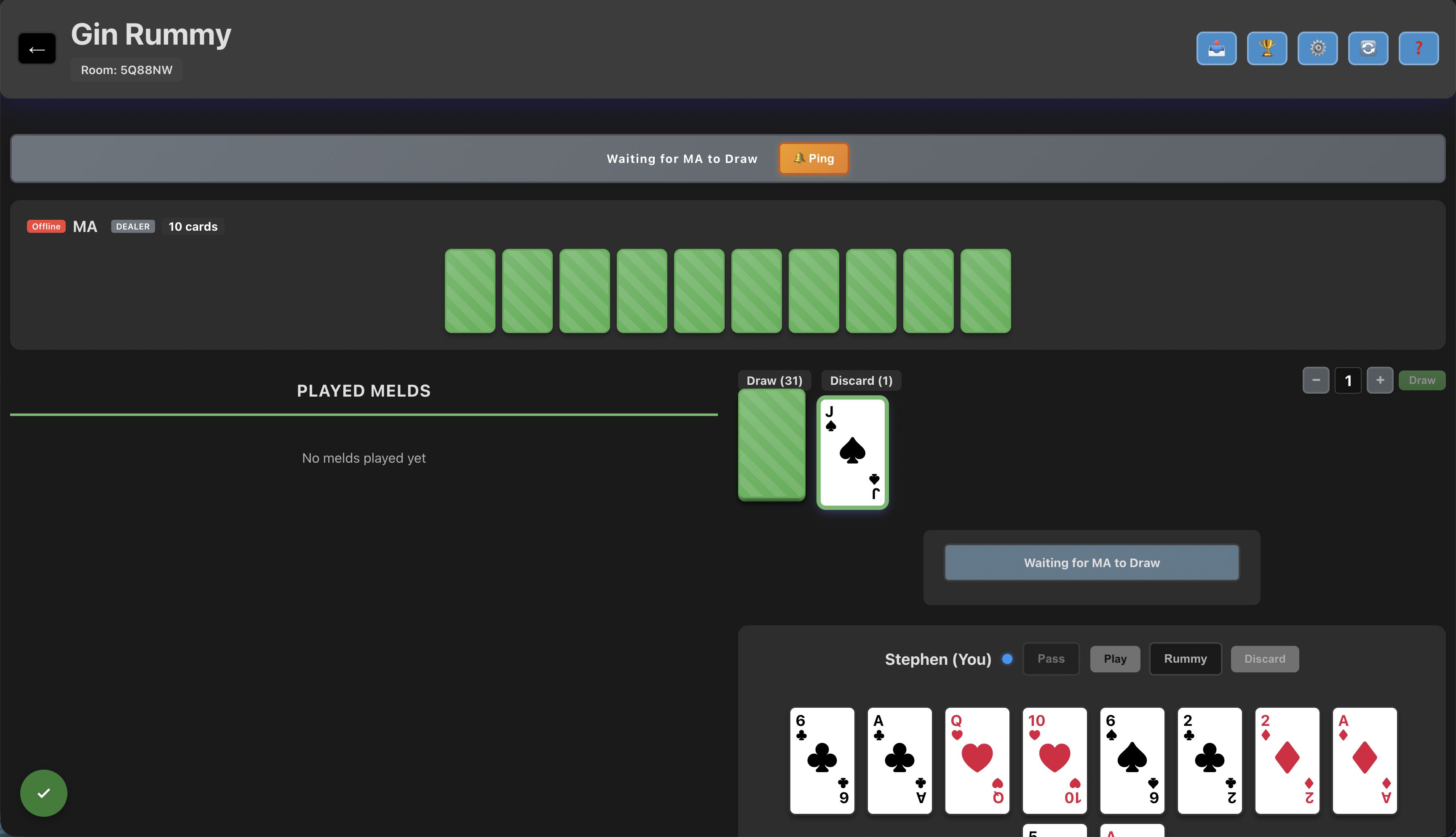 Gin Rummy game interface showing player's hand with cards like 6 of clubs, Ace of spades, Queen of hearts, draw and discard piles, and multiplayer status