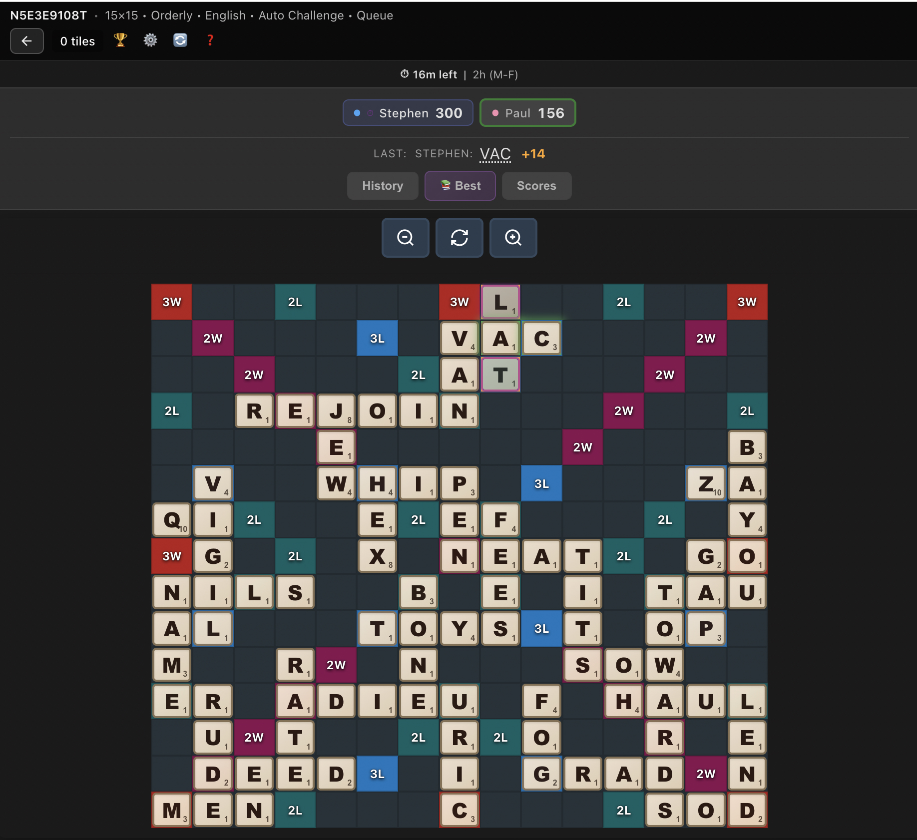 Scrabble game in progress showing a nearly full board with multiple intersecting words, score display showing Stephen leading 300 to 156, and game controls